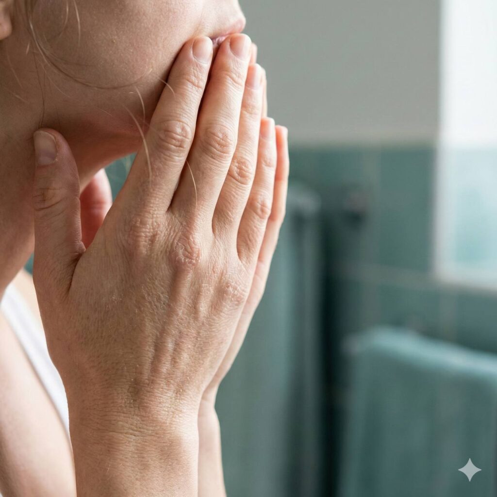 ผู้หญิงสัมผัสใบหน้าแสดงความกังวลเกี่ยวกับผิว