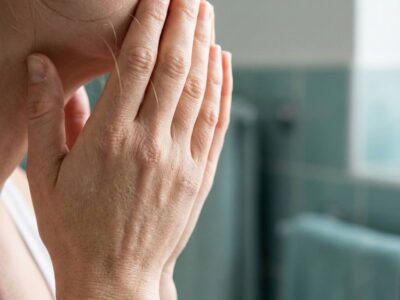 ผู้หญิงสัมผัสใบหน้าแสดงความกังวลเกี่ยวกับผิว