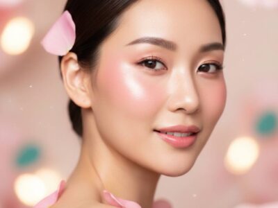 ผู้หญิงผิวสวยฉ่ำวาวในวันวาเลนไทน์ กลีบกุหลาบสีชมพู