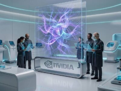 Futuristic NVIDIA biotechnology laboratory with AI neural network and scientists