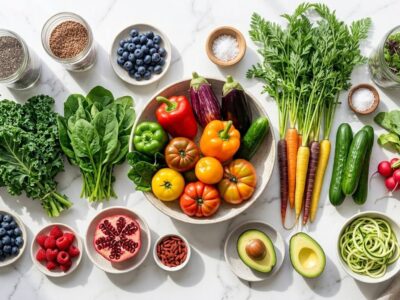 Fresh organic vegetables and healthy food on table